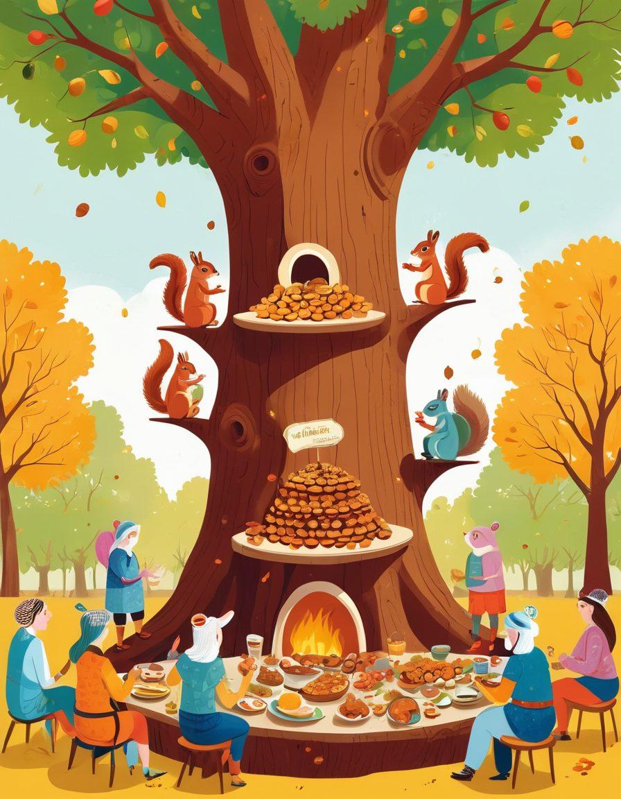 A whimsical illustration of a vibrant community gathering with people sharing nut-based dishes around a large tree adorned with different nuts. Include elements like recipe cards floating around, playful squirrels, and a cheerful atmosphere. Use bright colors to evoke a warm sense of community and sharing. vector art. vibrant colors.