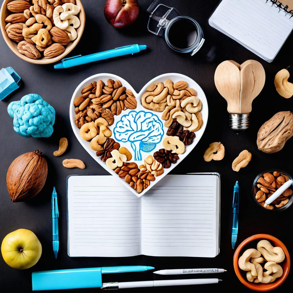 A dynamic collage of various nuts such as walnuts, almonds, and cashews, depicted with vibrant health symbols like a heart and brain, surrounded by open notebooks and pens to symbolize writing. Include elements like a glowing light bulb for ideas and a steaming cup of coffee for inspiration. Bright, inviting colors and a clean white background enhance focus. super-realistic. vibrant colors. white background.