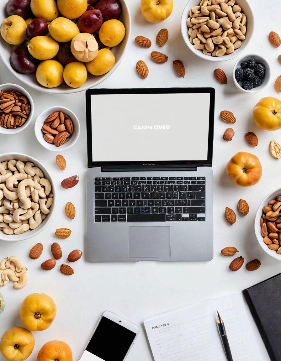 A vibrant flat lay of various nuts like almonds, walnuts, and cashews, artfully arranged around a laptop with a blog interface on the screen showcasing a nut-based diet article. Include colorful fruits and a cup of nut milk in the composition, symbolizing health and creativity in blogging. The scene is bright and inviting, suggesting a fusion of wellness and digital storytelling. super-realistic. vibrant colors. white background.